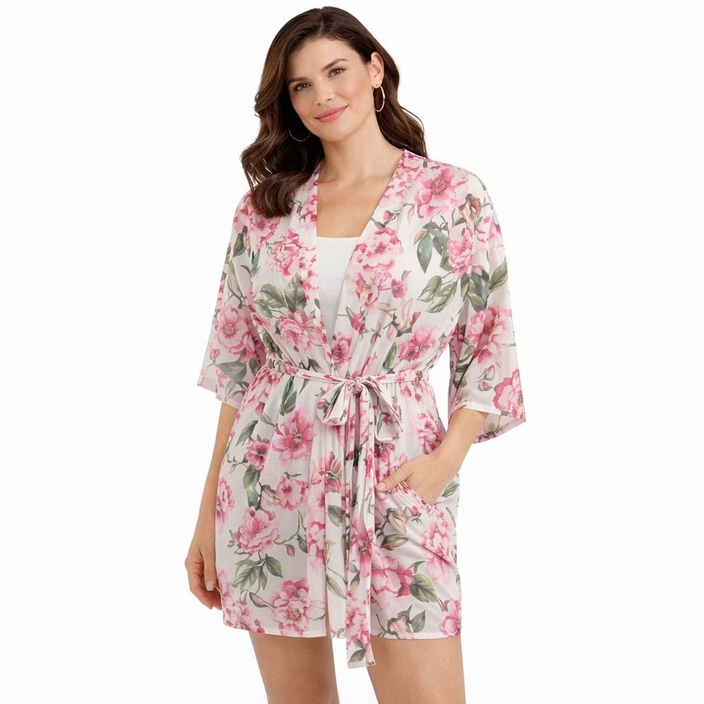 Show Me Your Mumu Floral Robe Pink Green Botanical White Boho Kimono OS